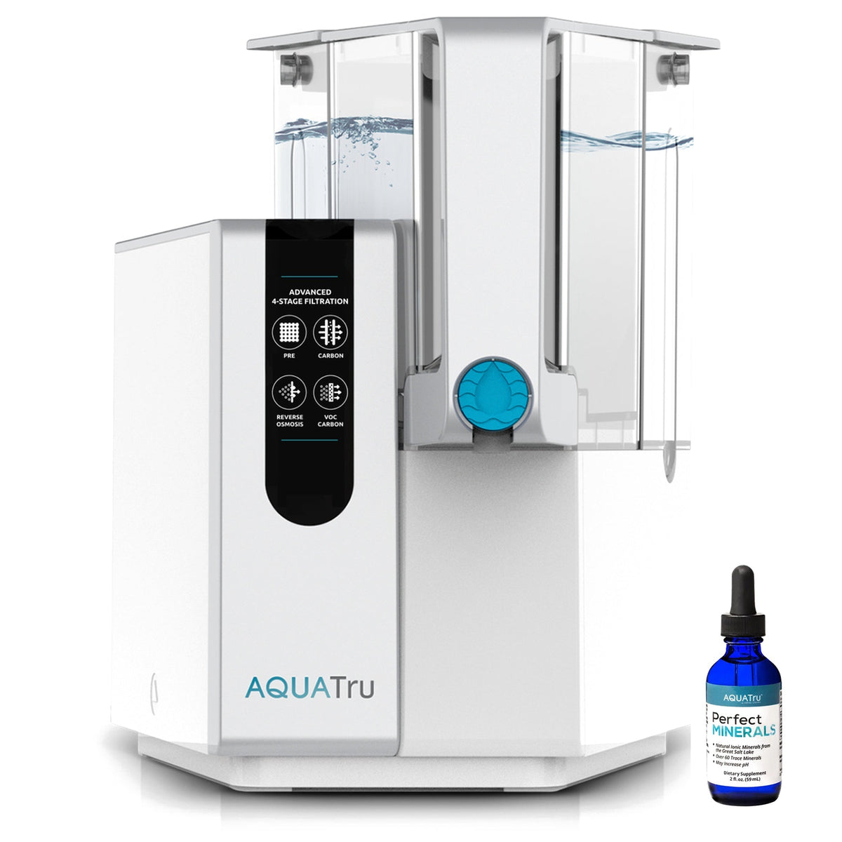 AQUATru water filtration system with two clear tanks and a bottle of Perfect Minerals drops beside it.