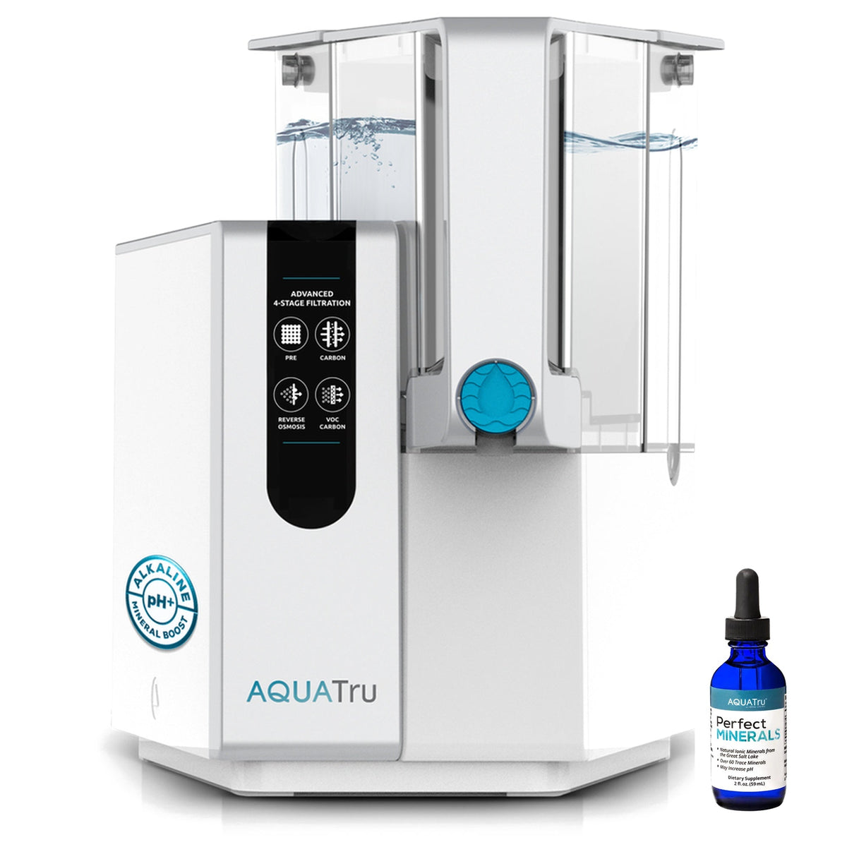 AquaTru water filtration system with mineral drops bottle, showcasing sleek design and water purification features.