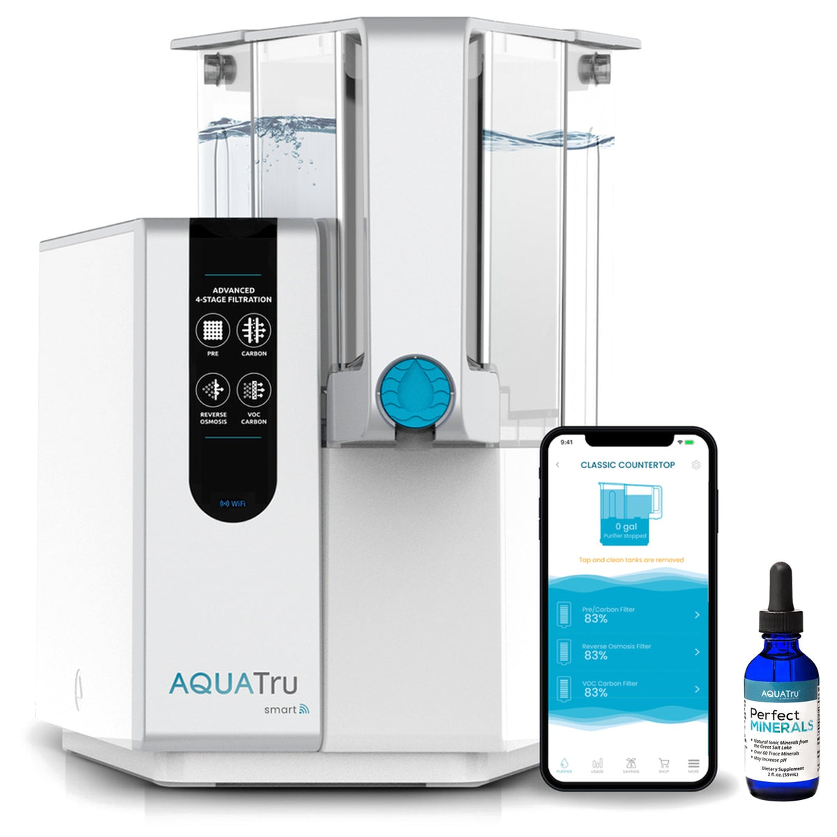 AquaTru Classic water filtration system with a smartphone app and mineral drops bottle beside it.