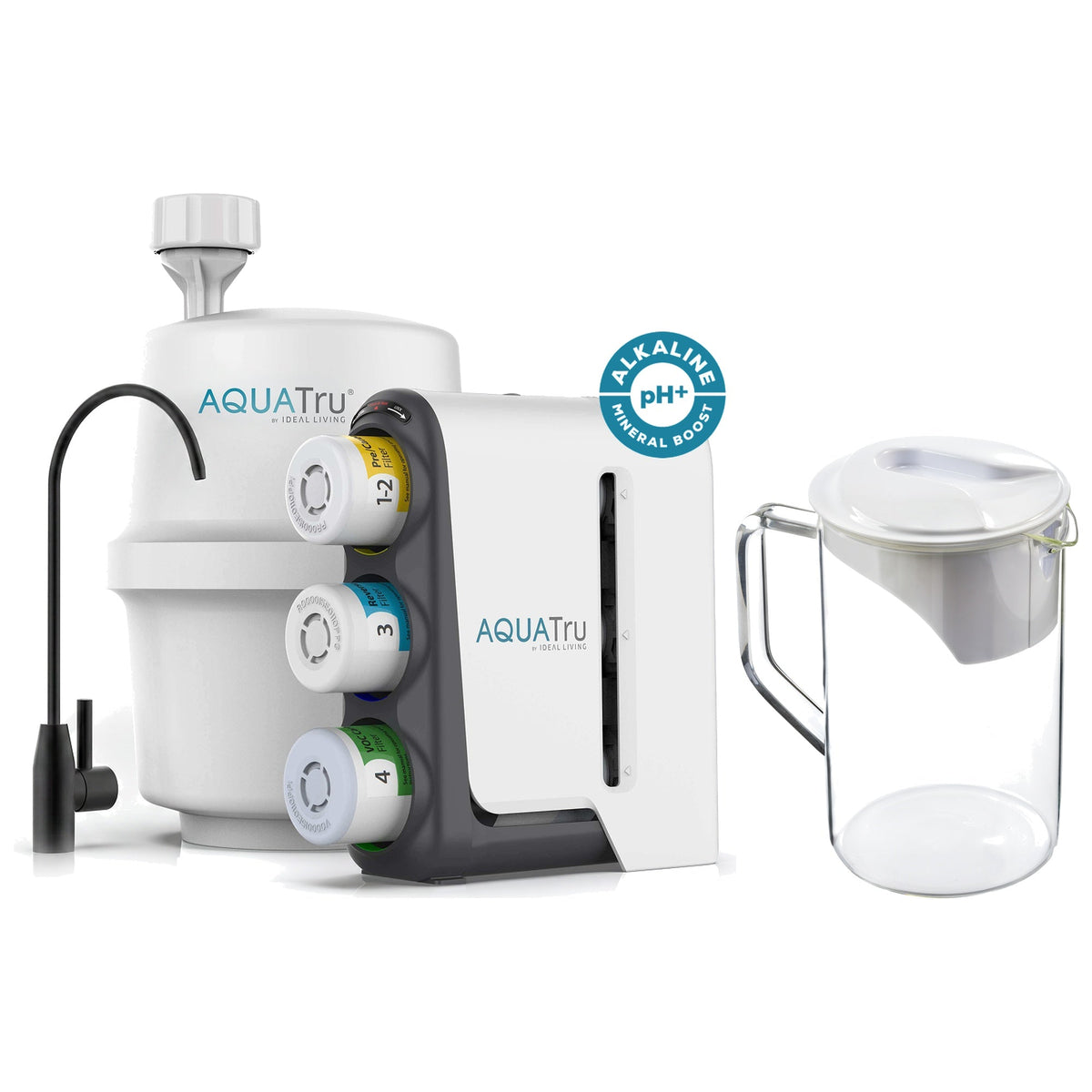 AquaTru under-sink alkaline water filtration system with black faucet and extra pitcher.
