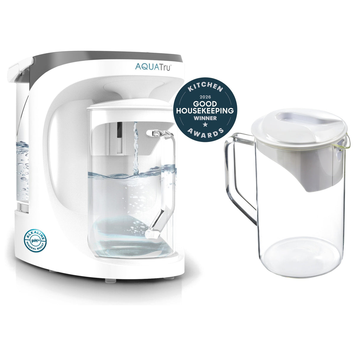 AQUATru water filtration system with a clear carafe and a Good Housekeeping award seal.