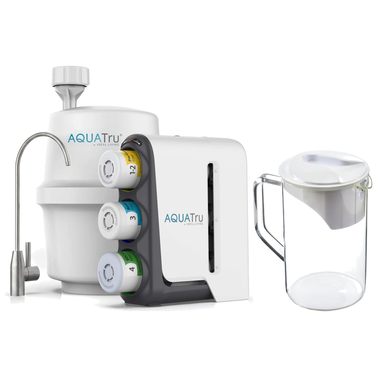 AquaTru under-sink water filtration system with stainless steel faucet and extra pitcher.