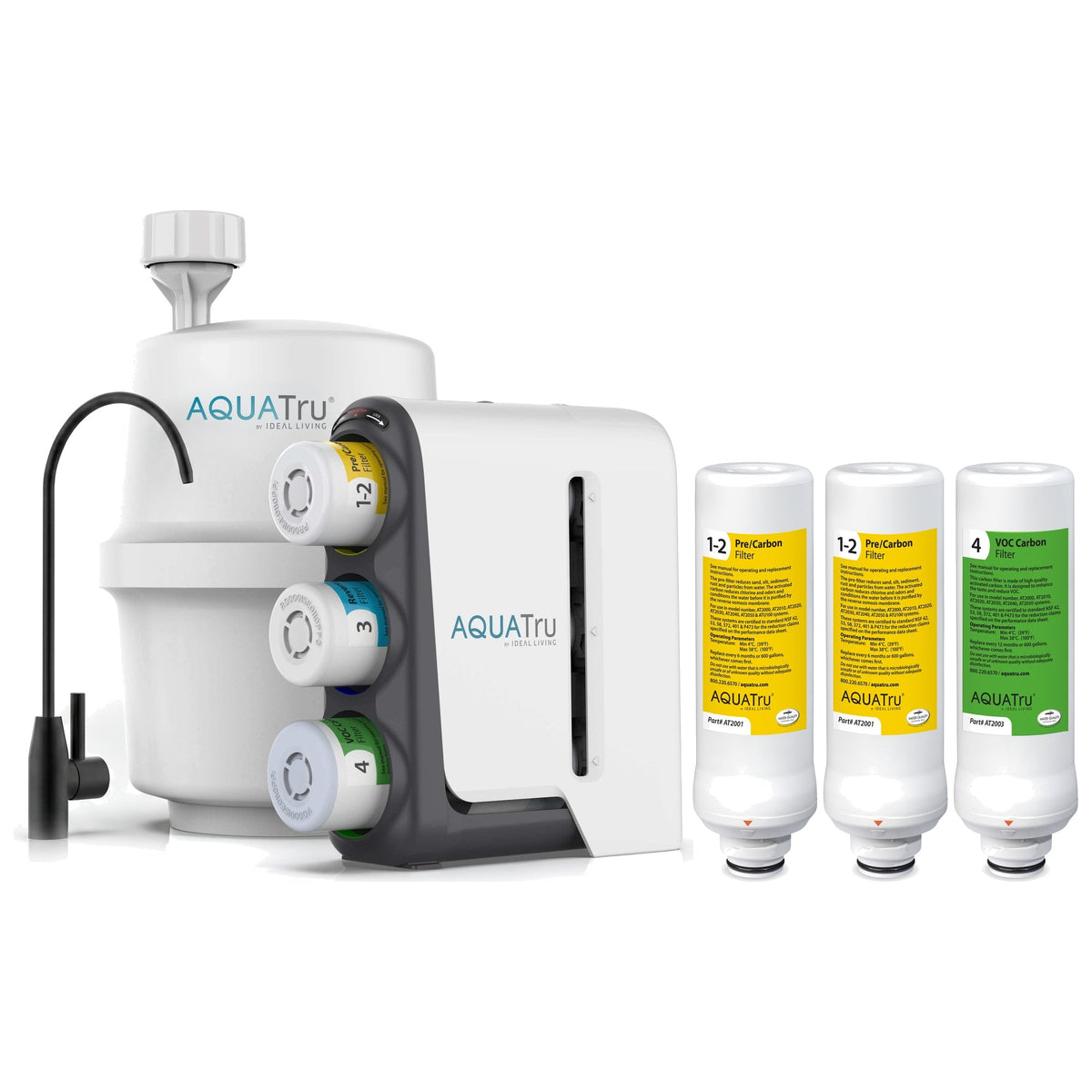 AquaTru under-sink water filtration system with black faucet and three replacement filter cartridges.