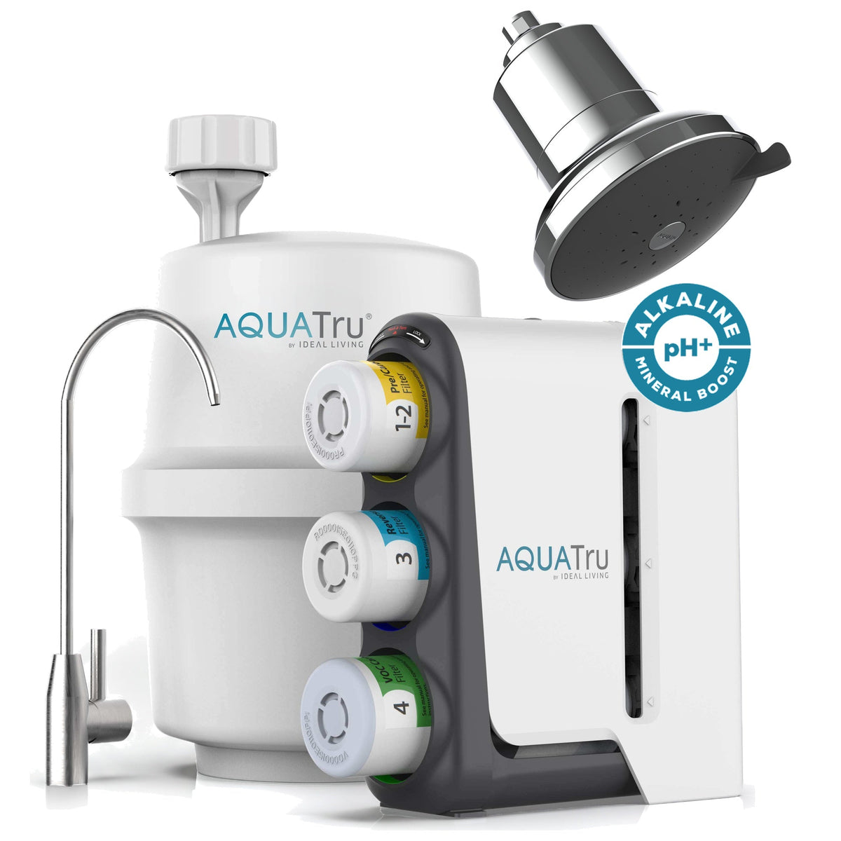 AQUATru under-sink alkaline water filtration system with chrome faucet and showerhead, featuring colorful filter canisters.