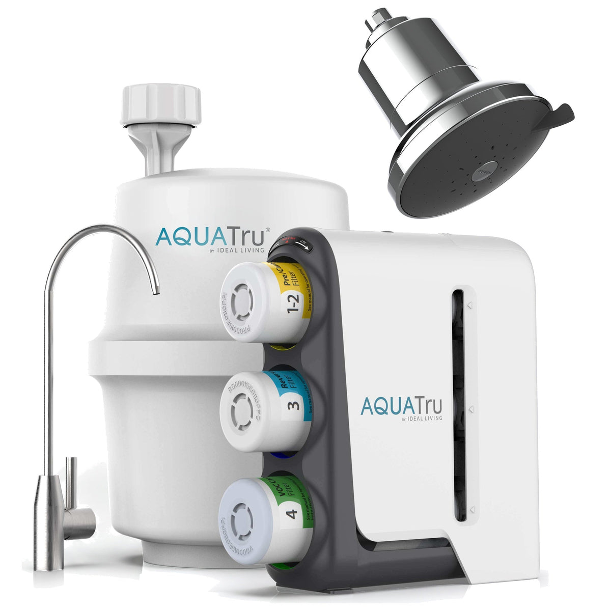 AquaTru under-sink water filtration system with chrome faucet and showerhead, featuring colorful filter cartridges.