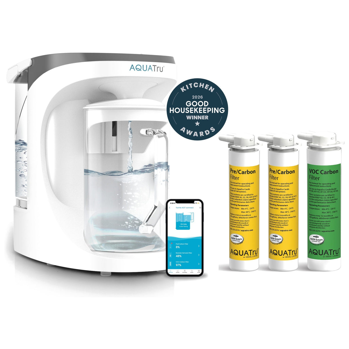 AquaTru Carafe with three extra filters and a smartphone app displaying water quality information.
