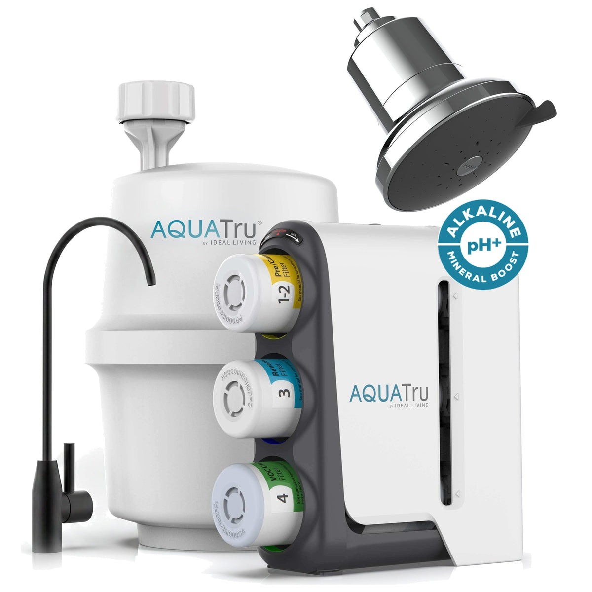 AQUATru under-sink alkaline water filtration system with faucet, showerhead, and mineral boost feature.