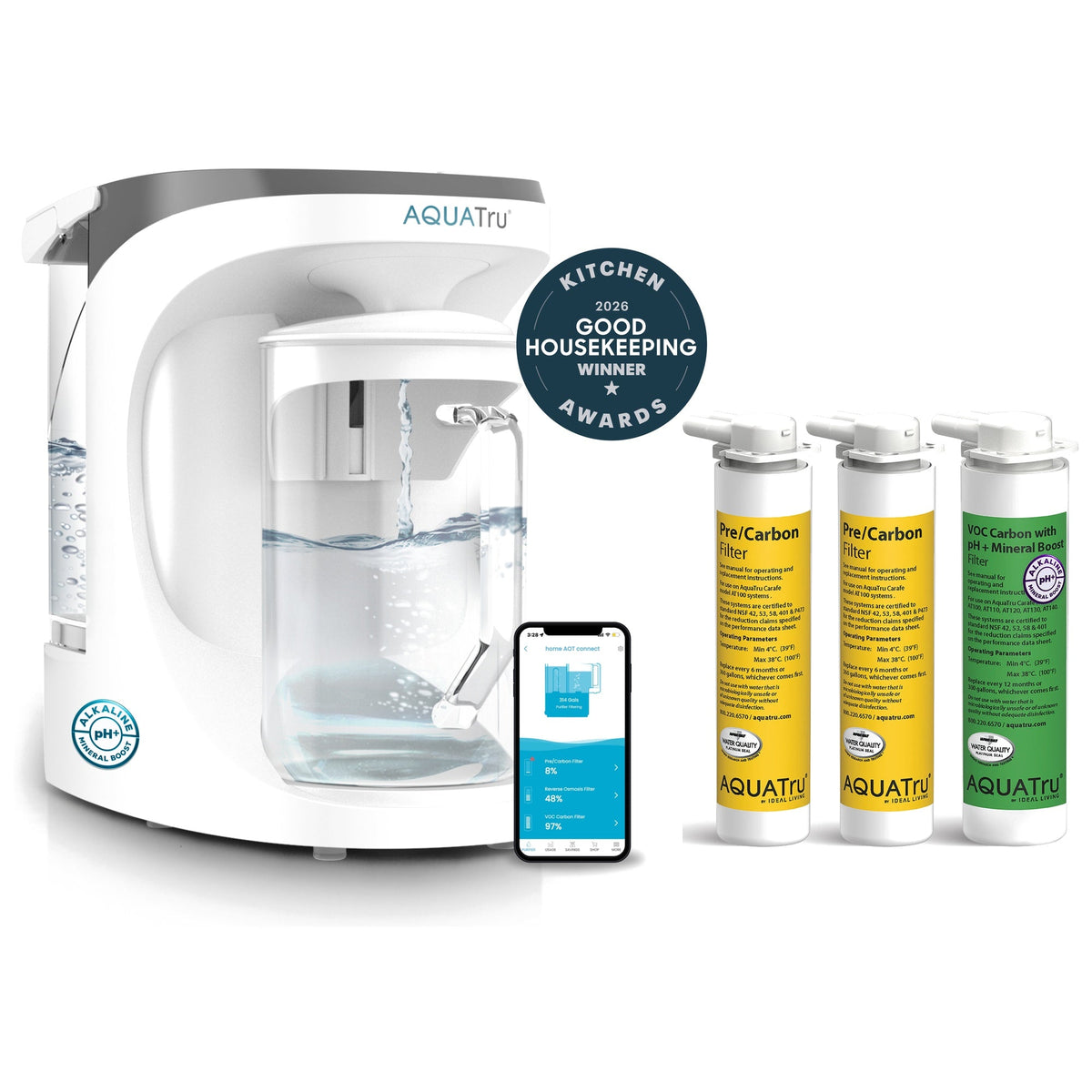 AquaTru Carafe with three extra alkaline filter cartridges and a smartphone app displaying water quality.