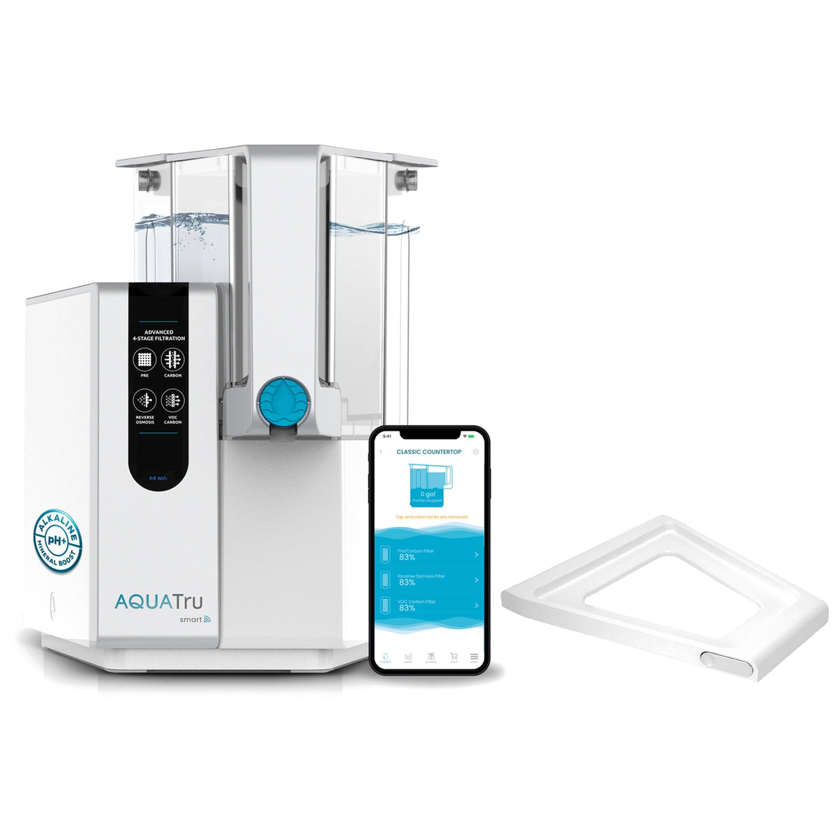 AquaTru Classic Smart Alkaline water purifier with a sliding tray and smartphone displaying water quality information.