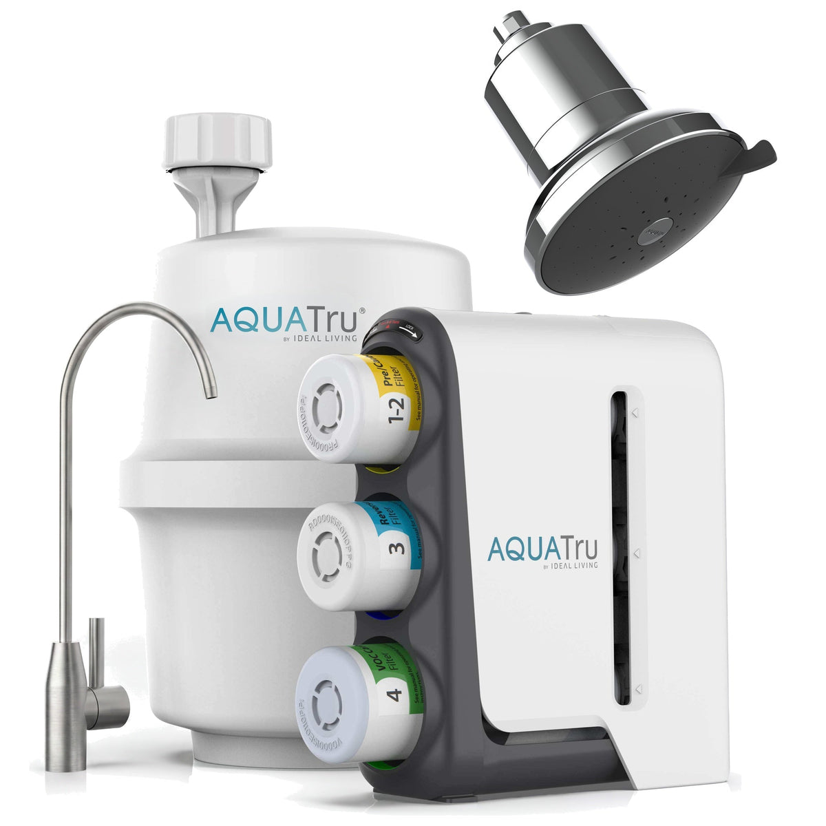 AquaTru under-sink water filtration system with stainless steel faucet and showerhead attachment.
