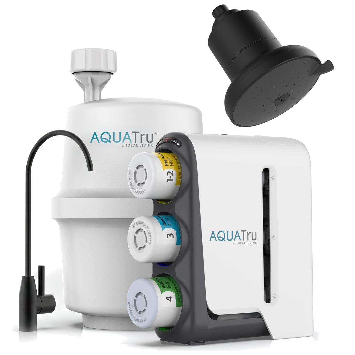 AquaTru under-sink water filtration system with black faucet and showerhead, featuring colorful filter cartridges.