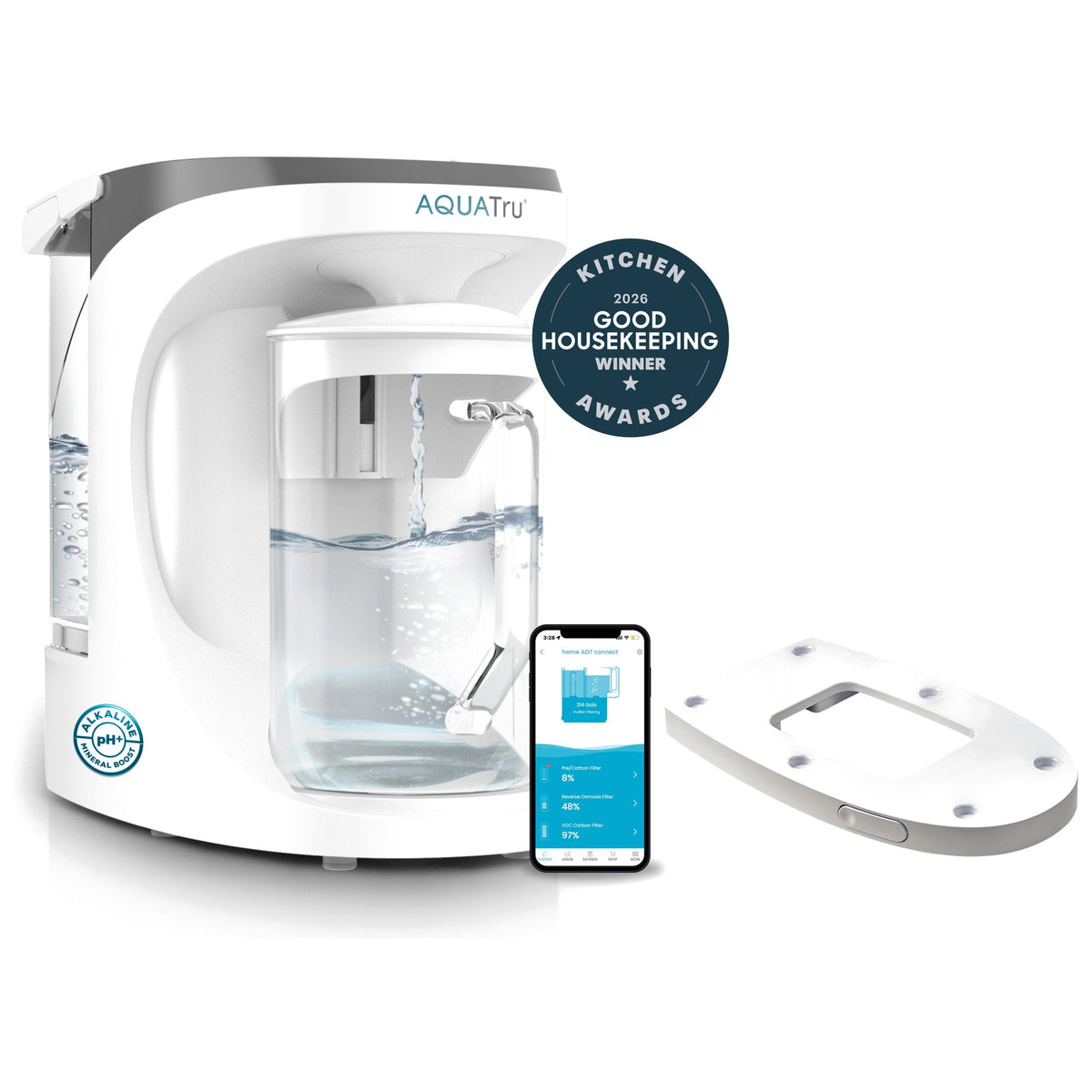 AquaTru Carafe with a smartphone app and a sliding tray, featuring a water filtration system and award badge.