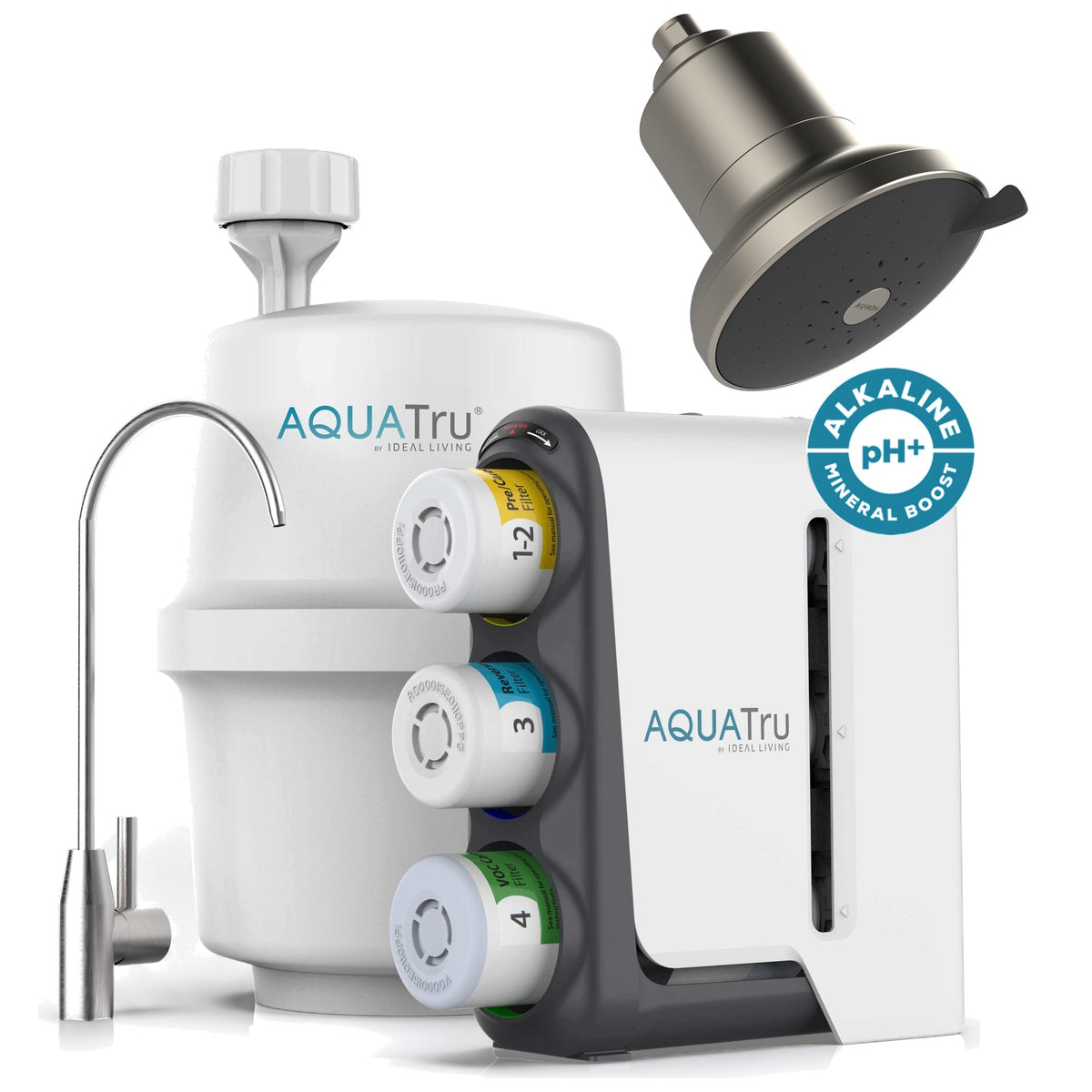 AquaTru under-sink alkaline water filtration system with chrome faucet and brushed nickel showerhead.