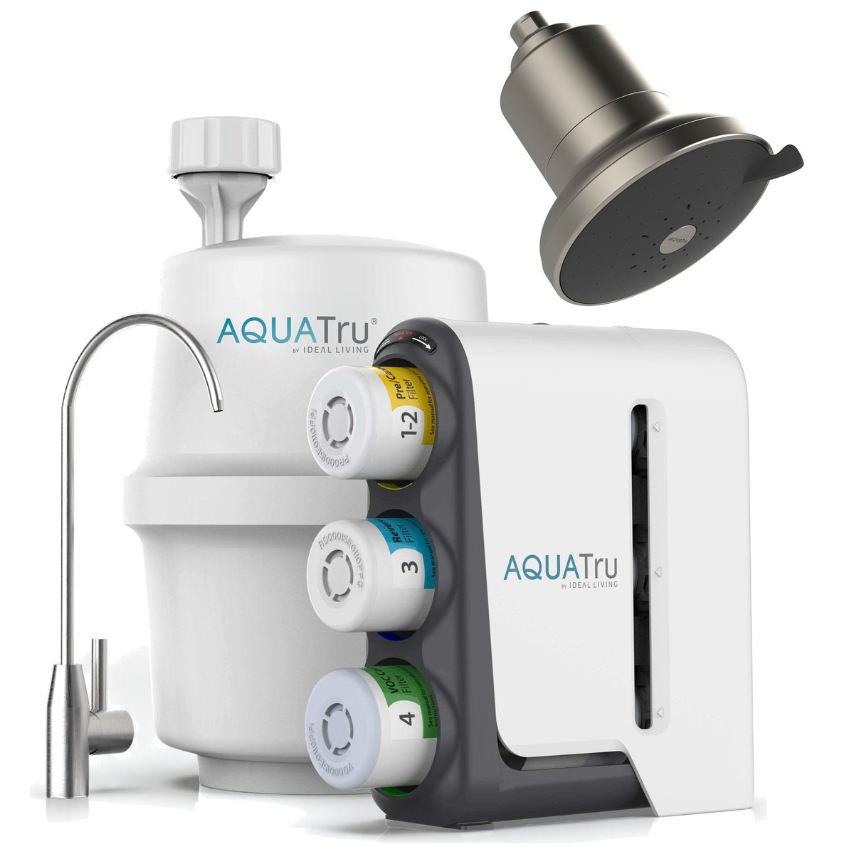 AquaTru under-sink water filtration system with chrome faucet, brushed nickel showerhead, and filter canisters.