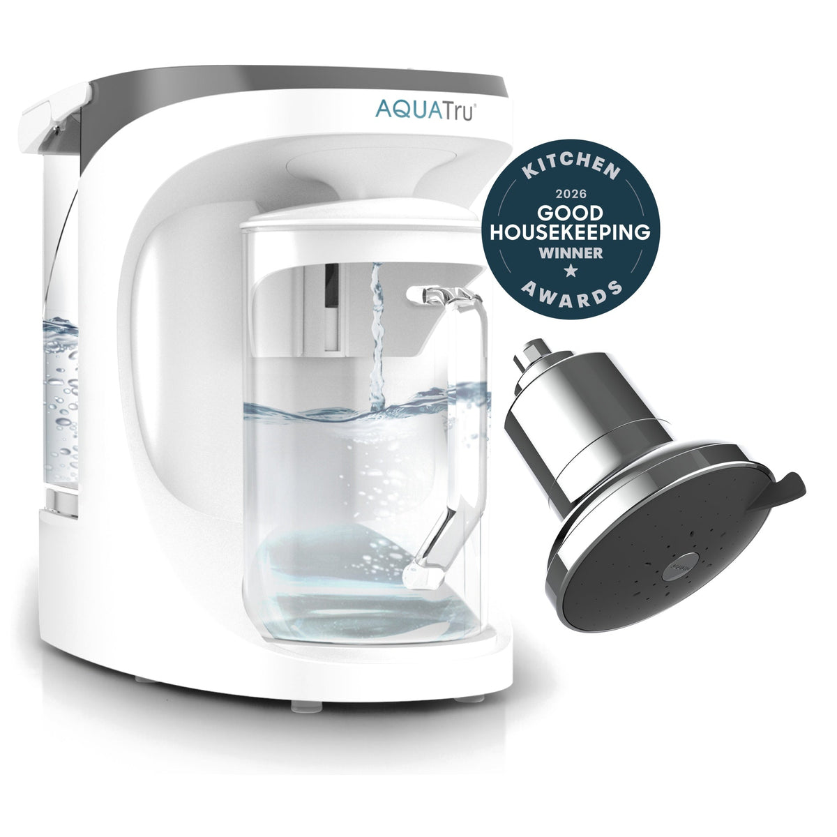 AquaTru carafe with water pouring, chrome shower head, and Good Housekeeping award badge.