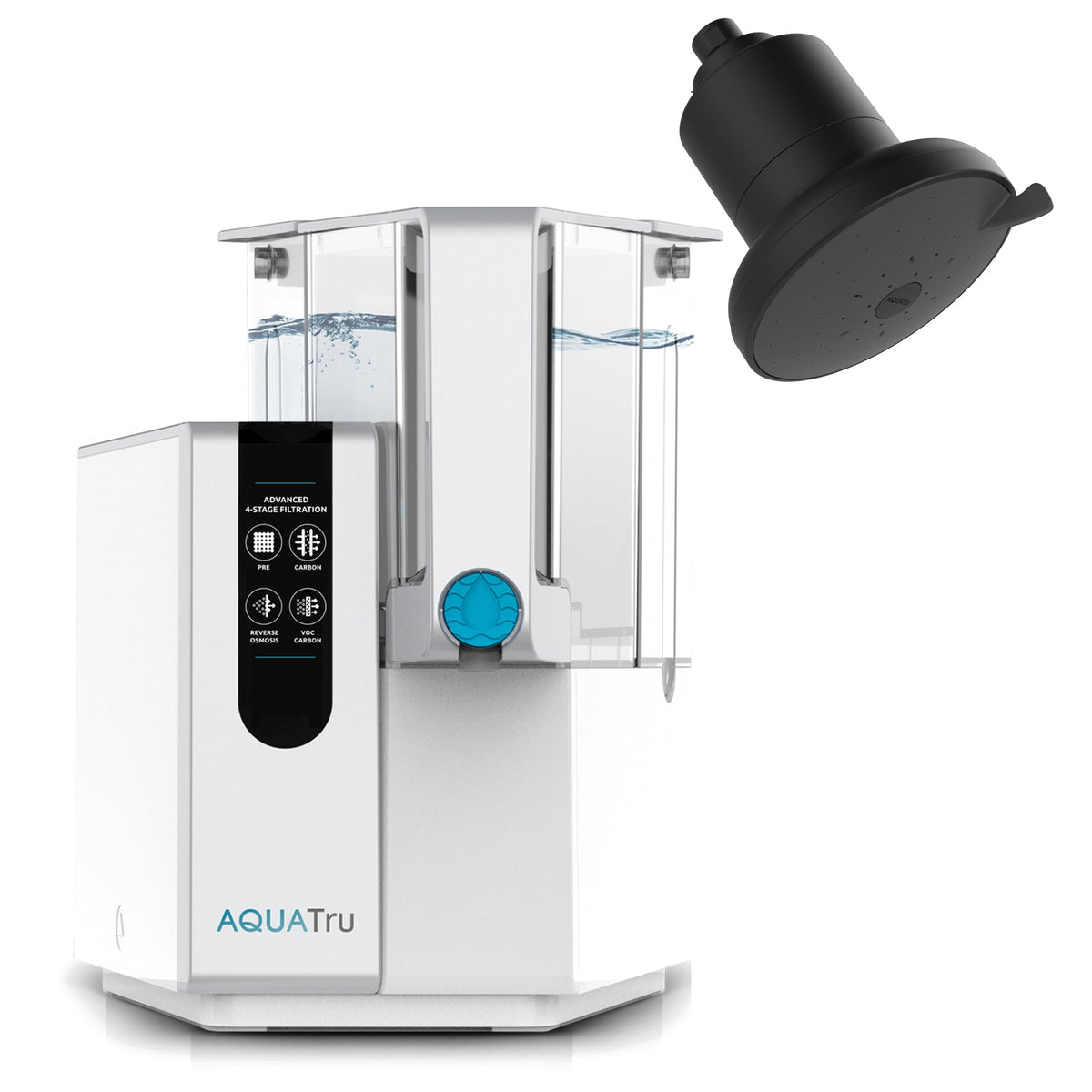 AquaTru Classic water filtration system with a black showerhead above it, featuring clear water in two chambers.