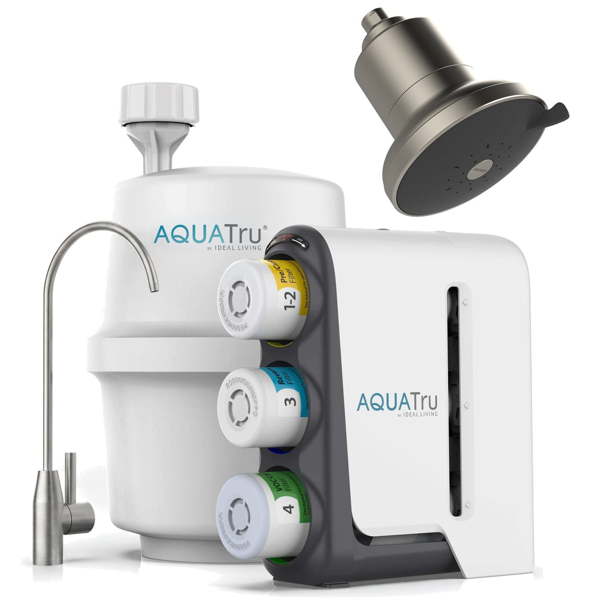 AquaTru under-sink water filtration system with brushed nickel faucet and showerhead, featuring colorful filter cartridges.