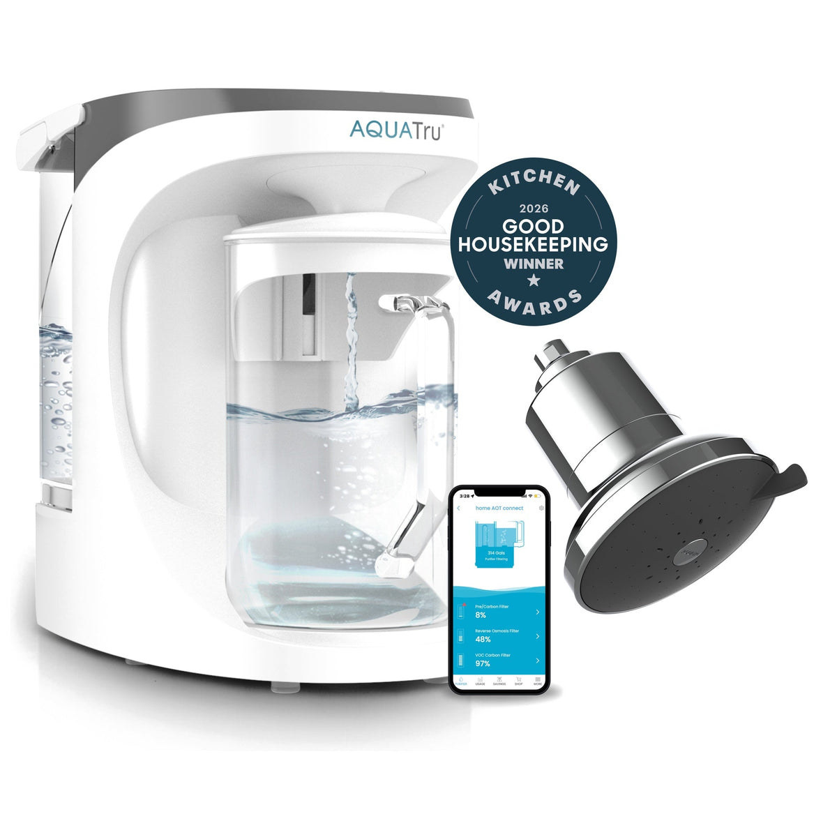 AquaTru CarafeSmart in chrome with a smartphone app and showerhead, showcasing water filtration technology.