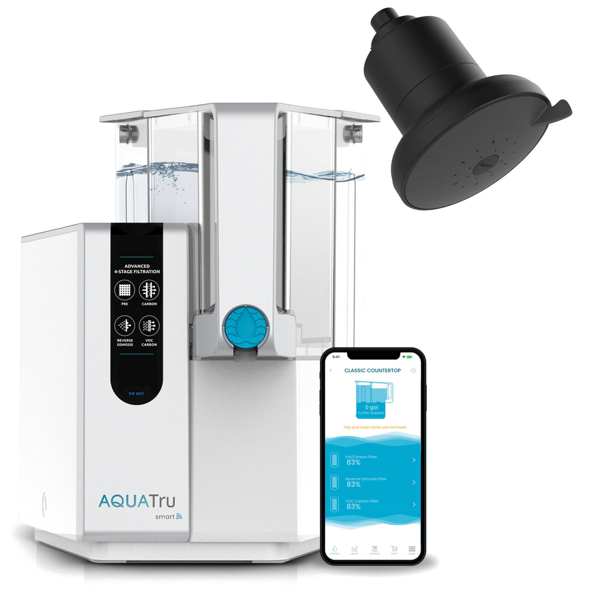 AquaTru ClassicSmart water filtration system with a black showerhead and smartphone displaying water quality data.