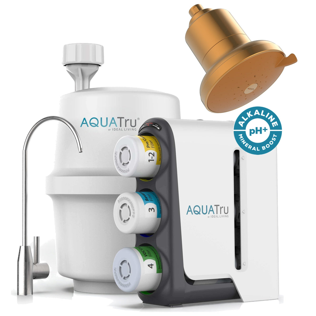 AquaTru under-sink alkaline water filtration system with chrome faucet and gold showerhead attachment.