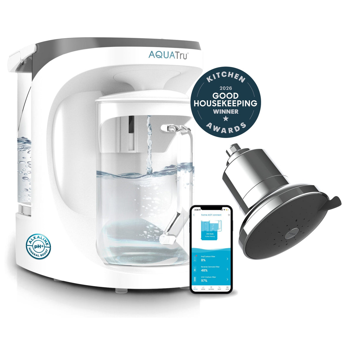 AquaTru Carafe with a chrome showerhead, smartphone app, and Good Housekeeping award badge displayed.