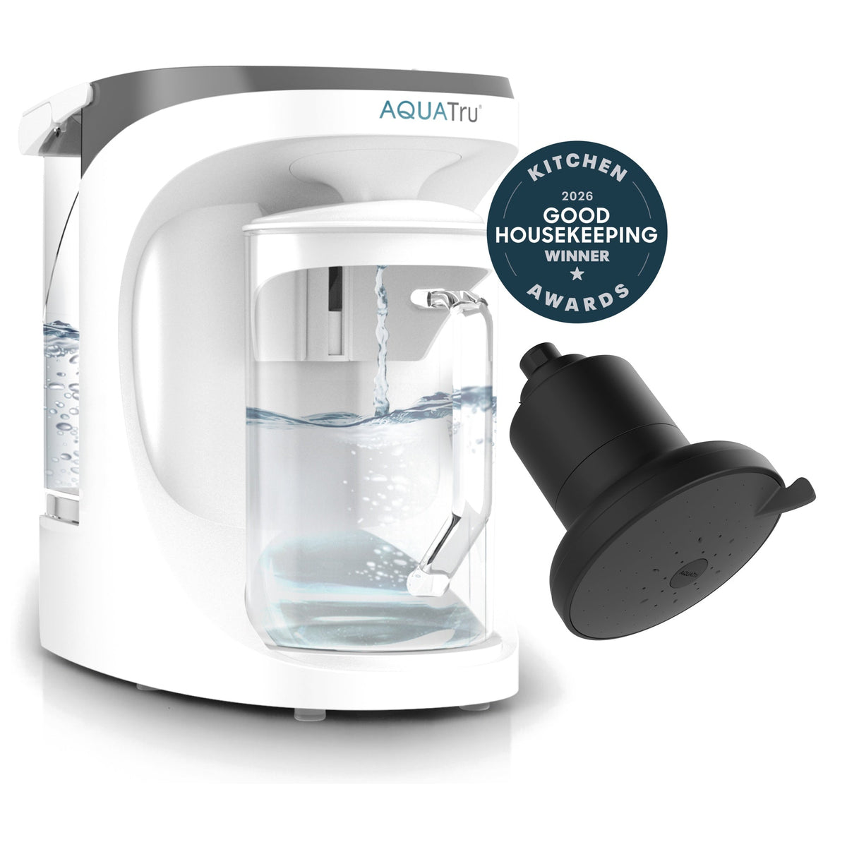 AquaTru carafe in white and black with water flowing inside and a detachable black filter. Good Housekeeping award badge.