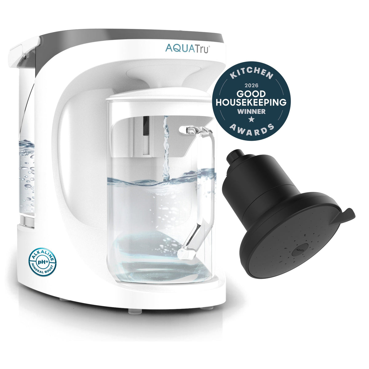 AquaTru carafe in white with clear water inside, accompanied by a black filter attachment and award badge.