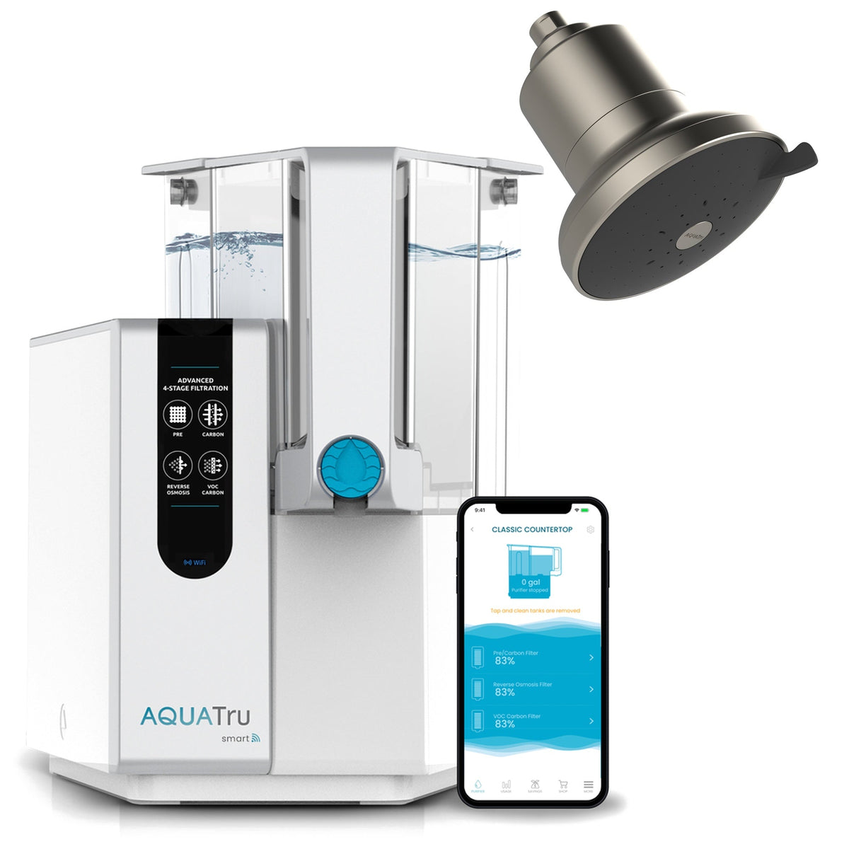 AquaTru ClassicSmart water filtration system with a brushed nickel showerhead and a smartphone app displaying water quality.