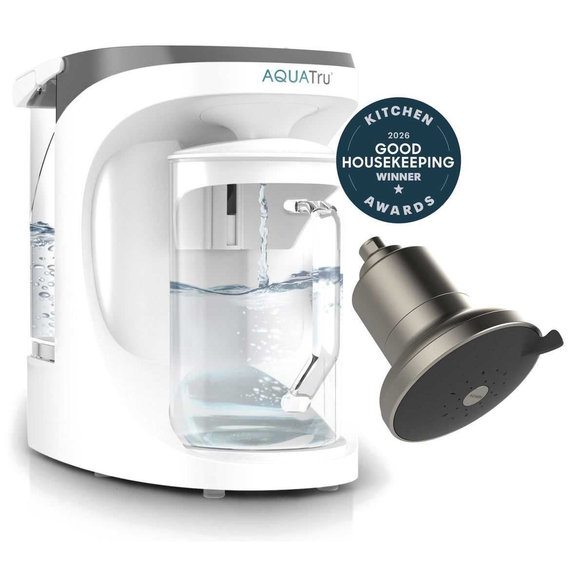 AquaTru carafe in brushed nickel with water flowing, featuring a Good Housekeeping award badge.