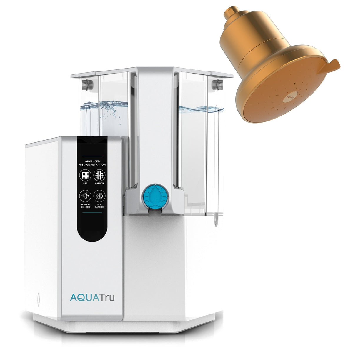 AquaTru Classic water filtration system with a gold showerhead above, showcasing clear water in two containers.