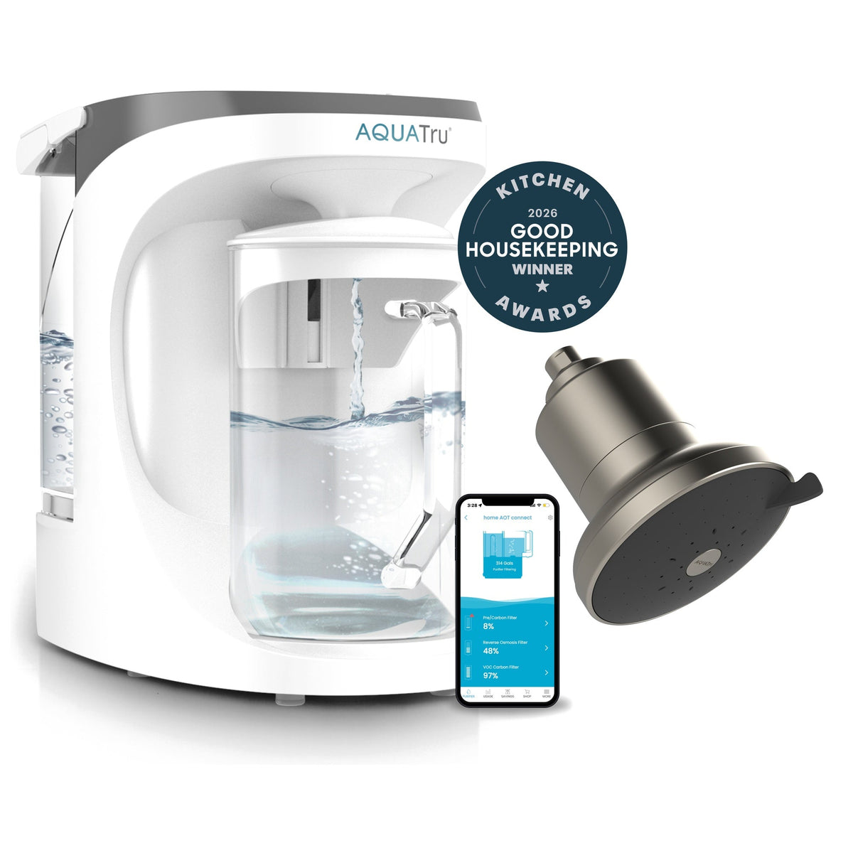 AquaTru Carafe with brushed nickel shower head and smartphone app, featuring a Good Housekeeping award badge.