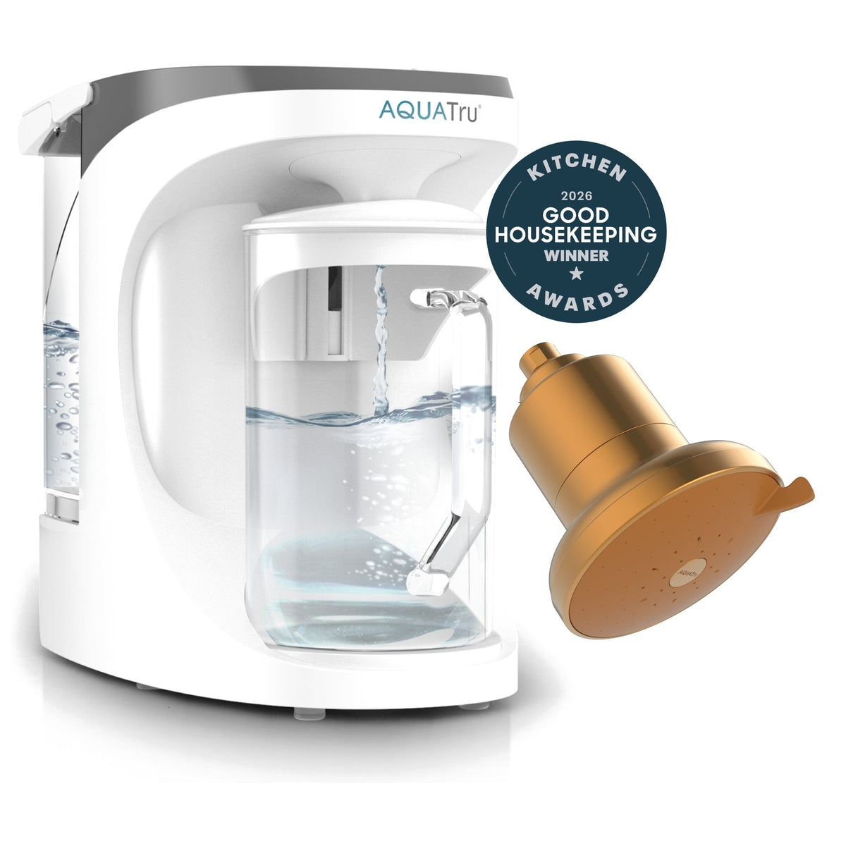 AquaTru carafe with water flowing, accompanied by a gold showerhead and a Good Housekeeping award badge.