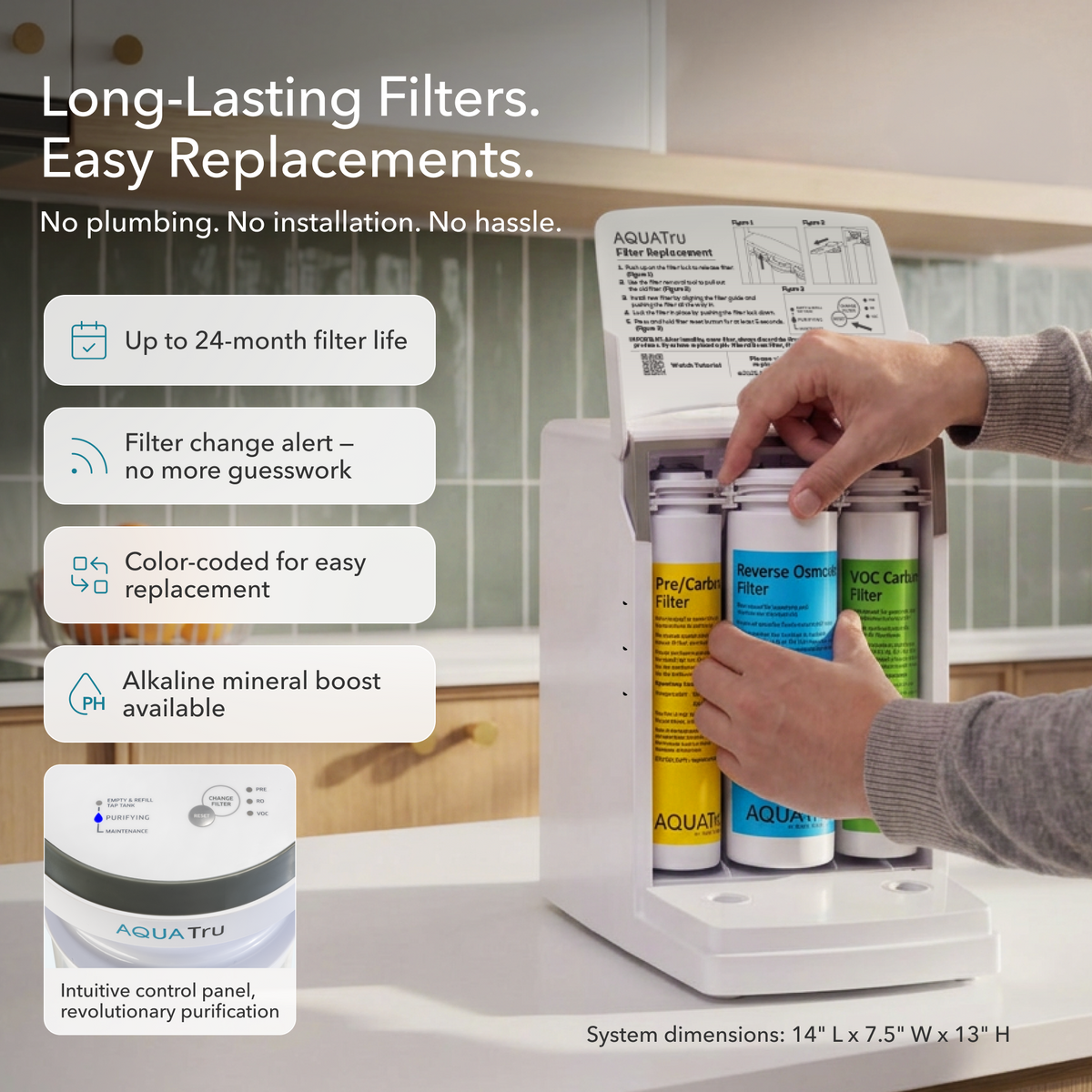 AquaTru Carafe with color-coded filters, intuitive control panel, and information on filter life and replacements.