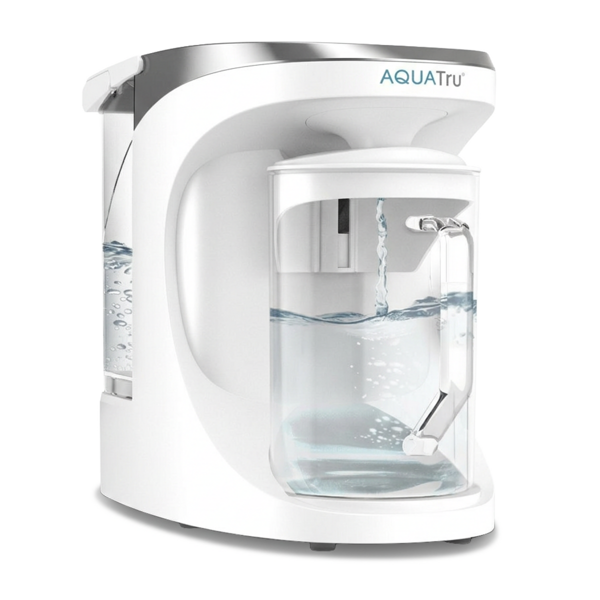 AQUATru water filtration system with a clear carafe and sleek white design, showcasing water inside the container.