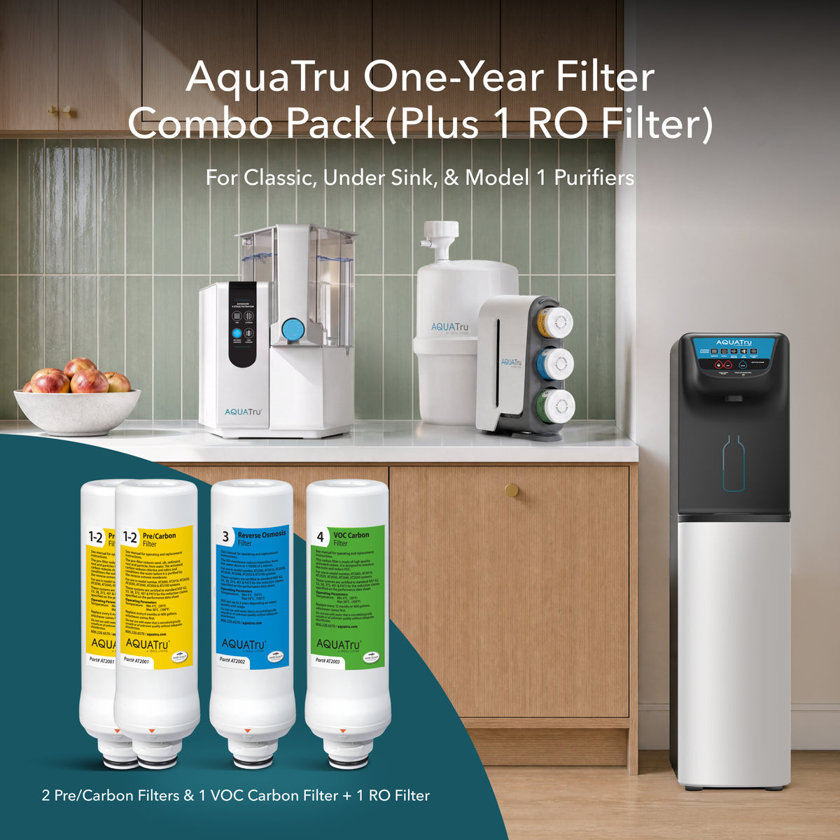 AquaTru One-Year Filter Combo Pack displayed with purifiers and filters on a kitchen counter.