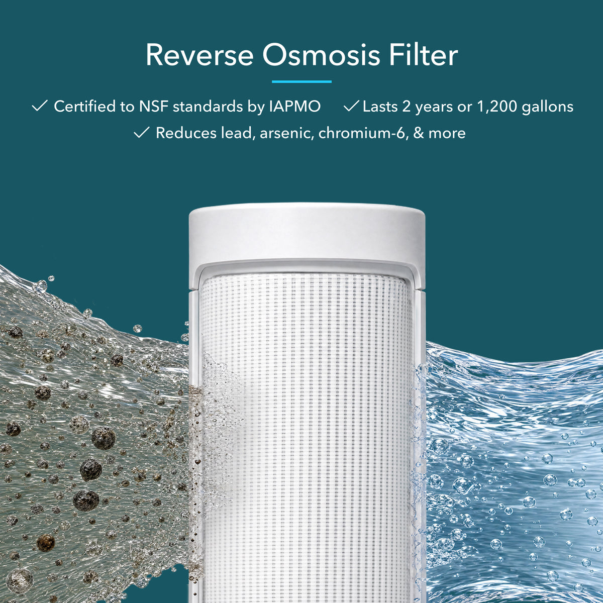 Reverse osmosis filter with water flow, highlighting lead and contaminant reduction features.