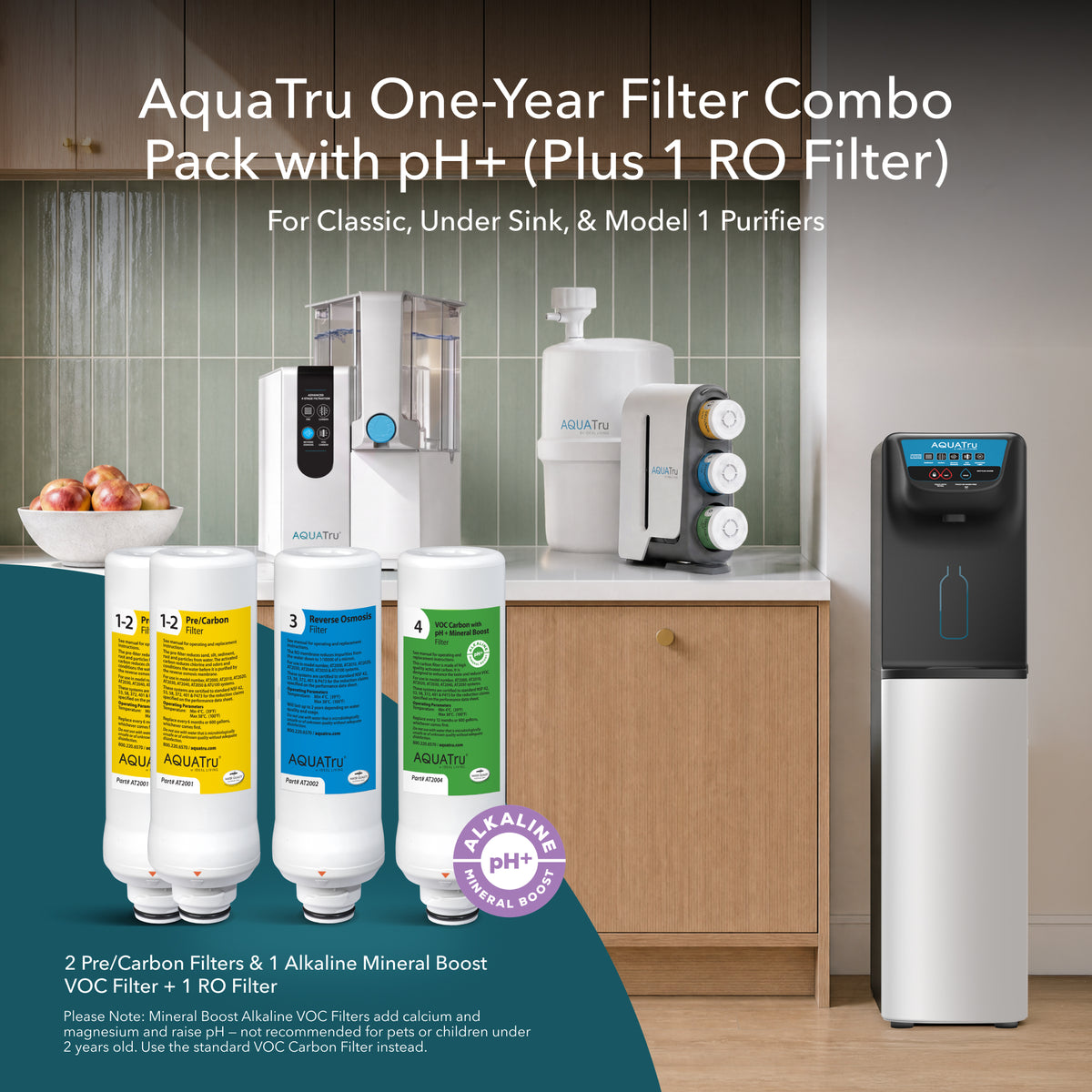 AquaTru One-Year Filter Combo Pack with pH+ and RO filter, featuring various filters and a water purifier setup.