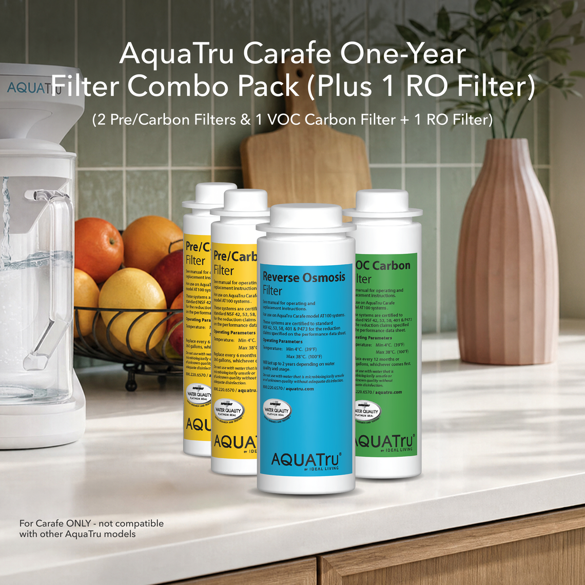 AquaTru Carafe One-Year Filter Combo Pack with two pre/carbon filters and one RO filter.