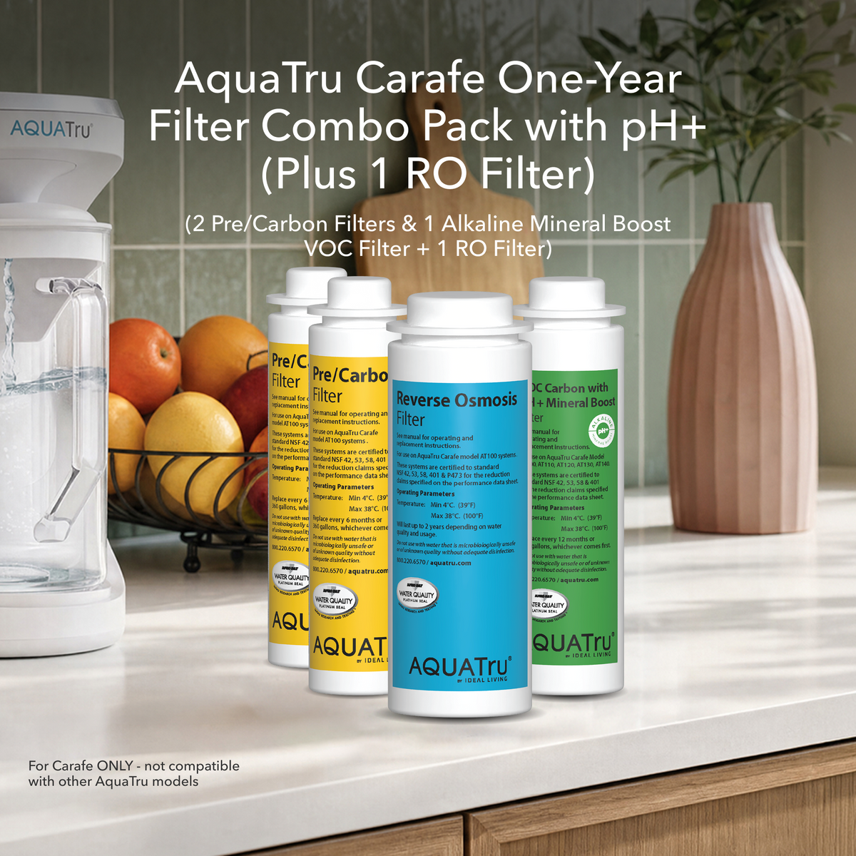 AquaTru Carafe One-Year Filter Combo Pack with pH+ and RO filter, displayed on a kitchen countertop.