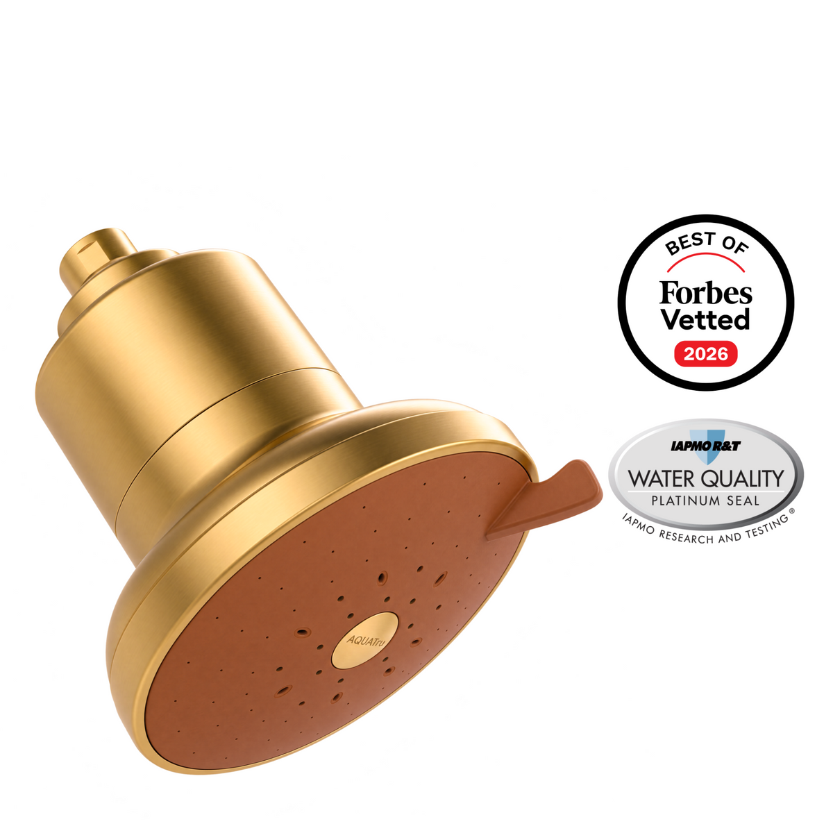 AquaTru Shower head in Brushed Gold with a sleek design, featuring awards for water quality and Forbes recognition.