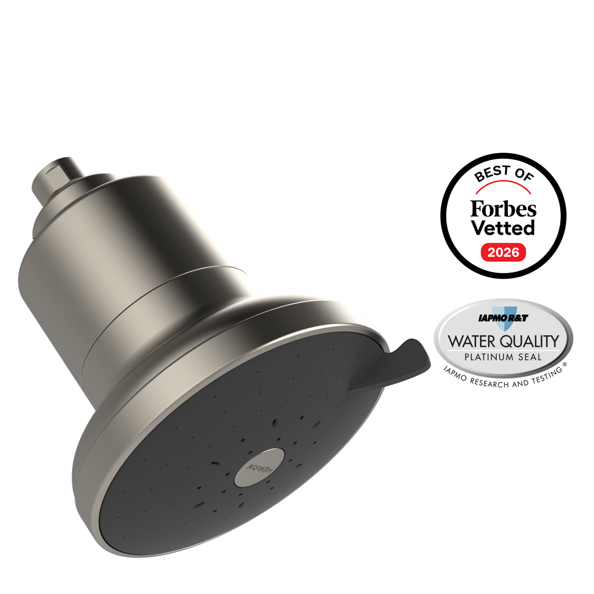 AquaTru Shower head with a sleek design, featuring awards for water quality and Forbes recognition.
