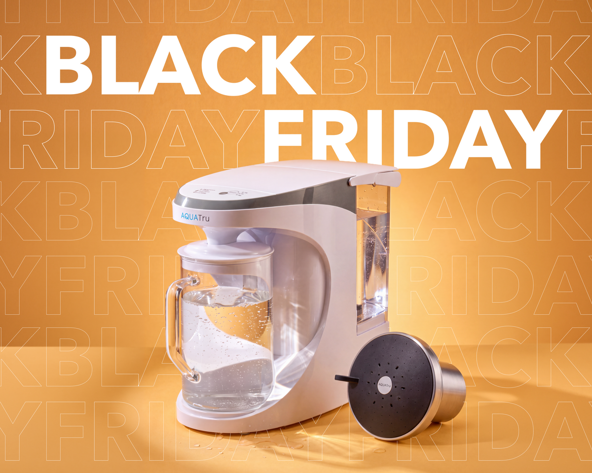 Aquatu water kettle with a glass pitcher on a vibrant orange background featuring "BLACK FRIDAY" text.
