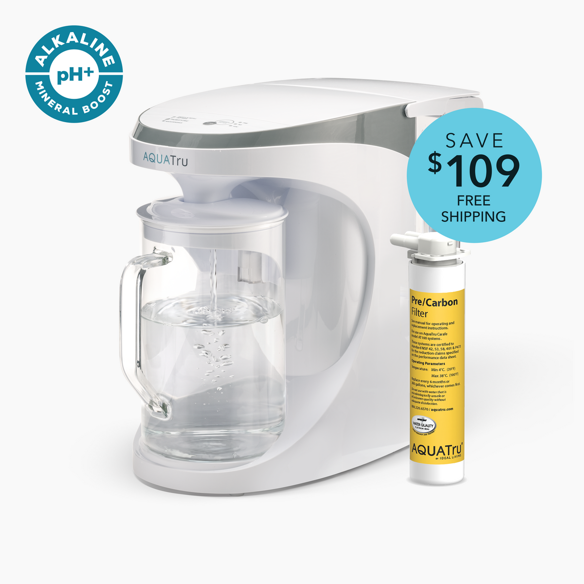 AquaTru Carafe with free pre-carbon filter, featuring a sleek design and water purification system.