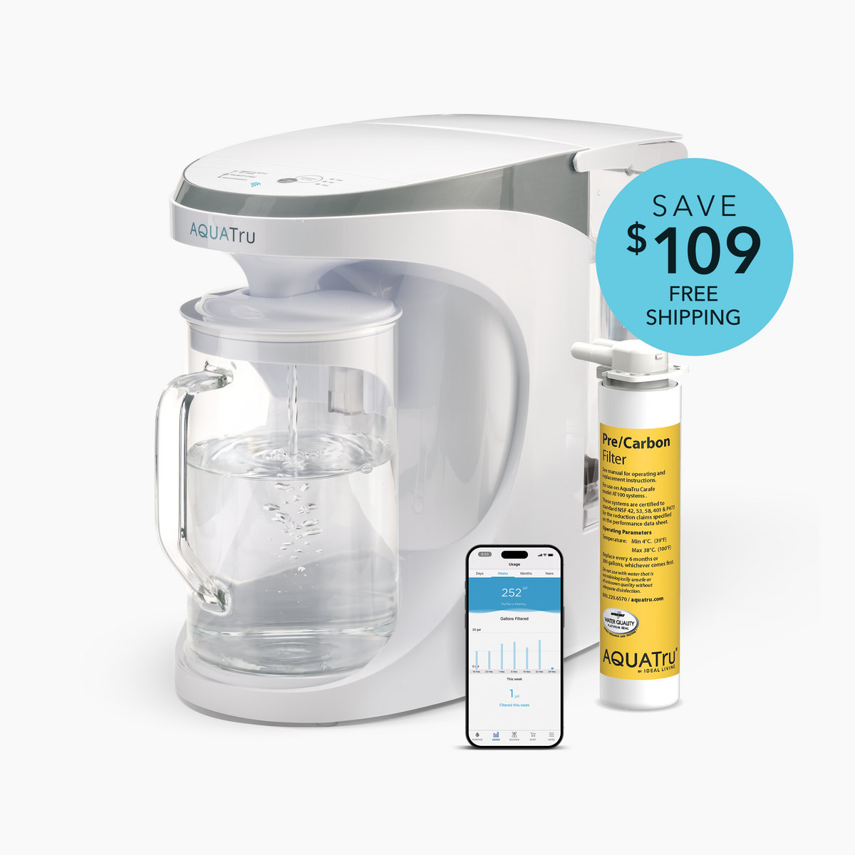 AQUATru carafe with a smartphone displaying water quality data and a pre-carbon filter, featuring a savings badge.