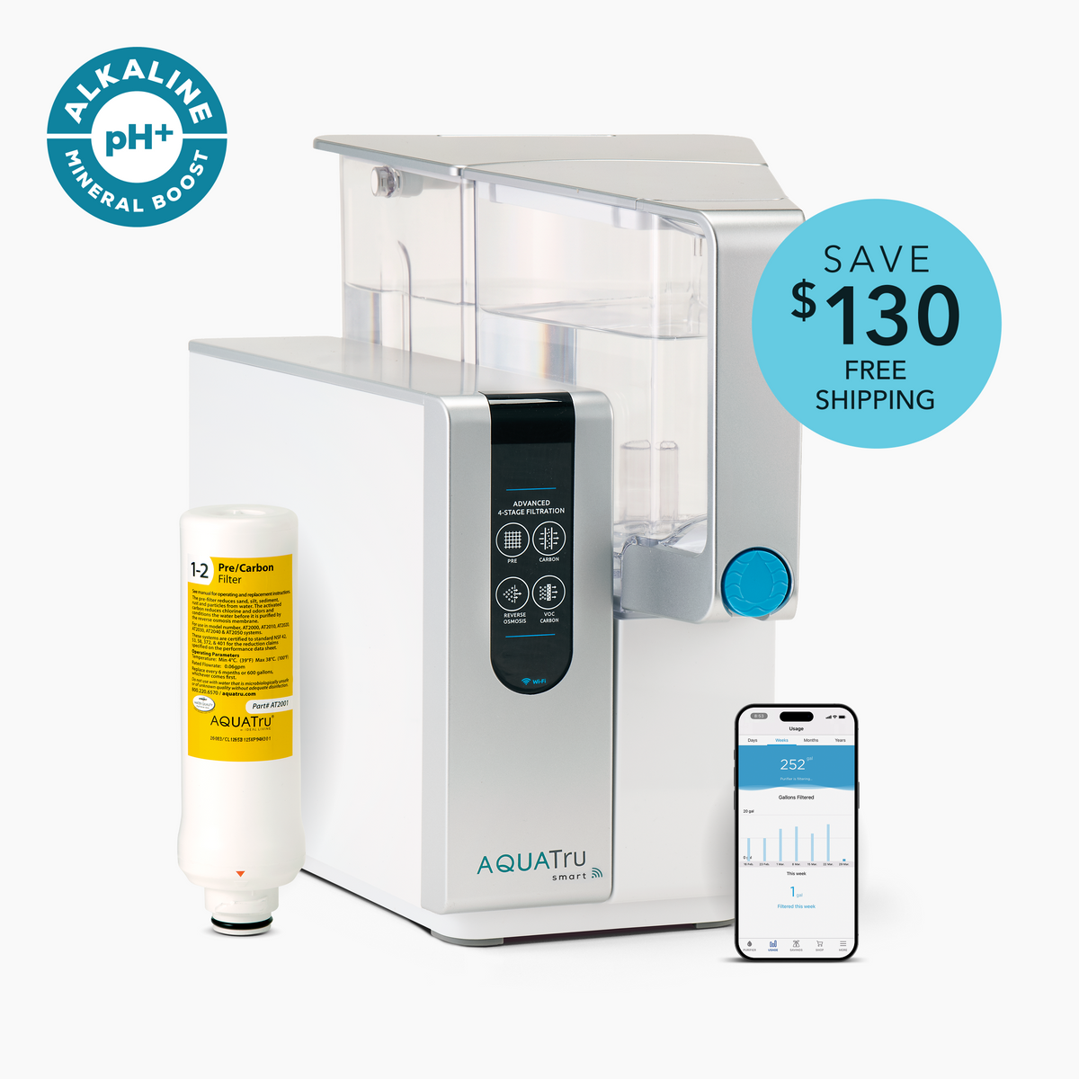 AquaTru Classic with Alkaline Mineral Boost with free Pre/Carbon filter, featuring a sleek white design and a savings tag of $130 as well as free shipping. It shows a smartphone indicating that this is the Smart model that comes with its own app for tracking filter usage and easy reordering.