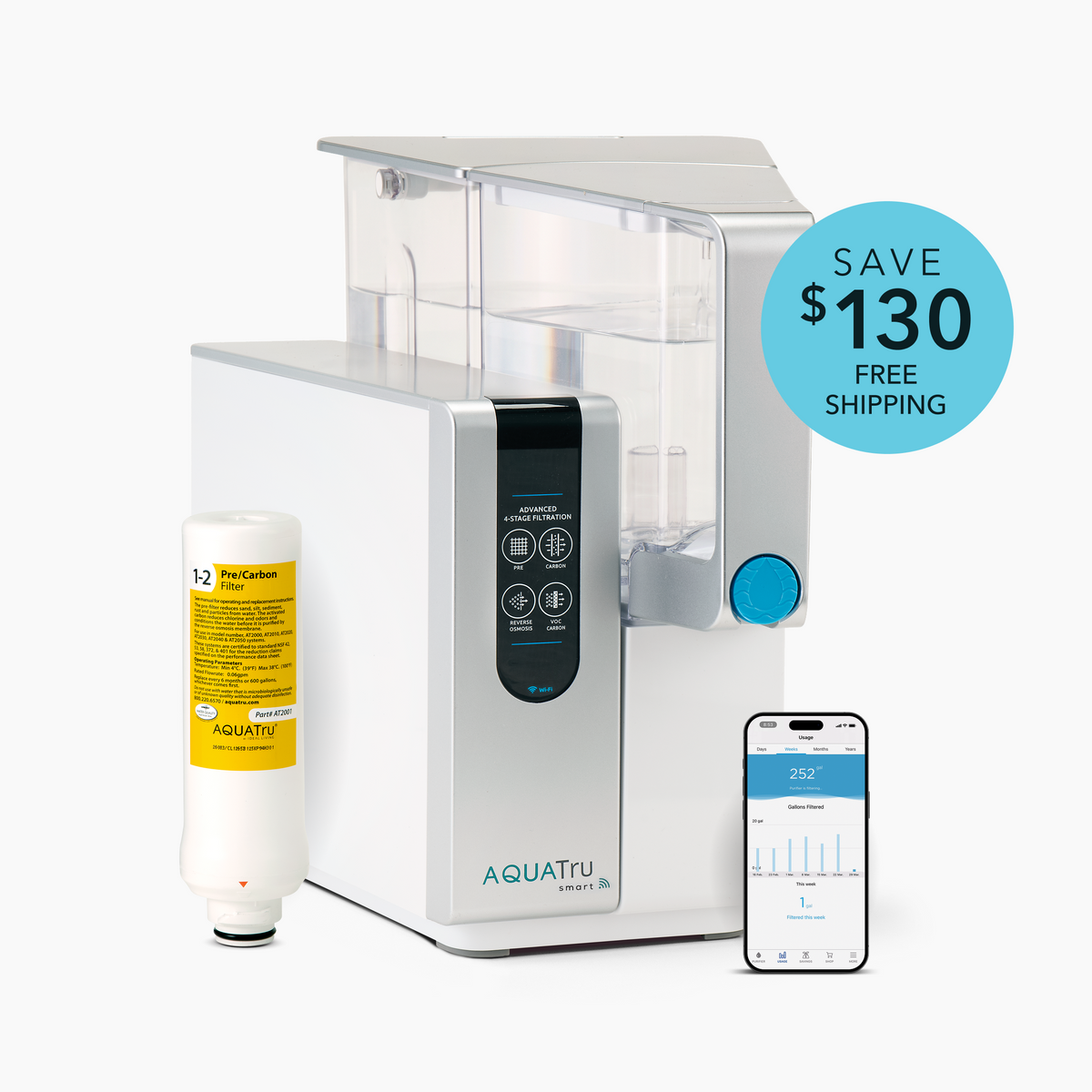 AquaTru Classic with free Pre/Carbon filter, featuring a sleek white design and a savings tag of $130 as well as free shipping. It shows a smartphone indicating that this is the Smart model that comes with its own app for tracking filter usage and easy reordering.