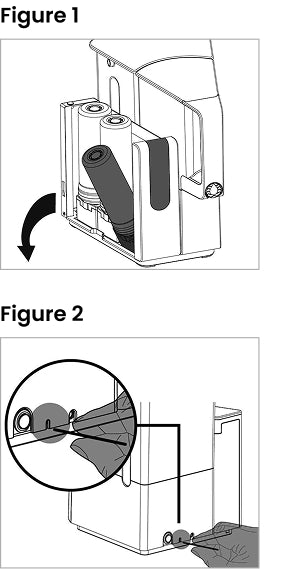 Battery compartment with two batteries being inserted, showing a hand and a close-up of the connection points.