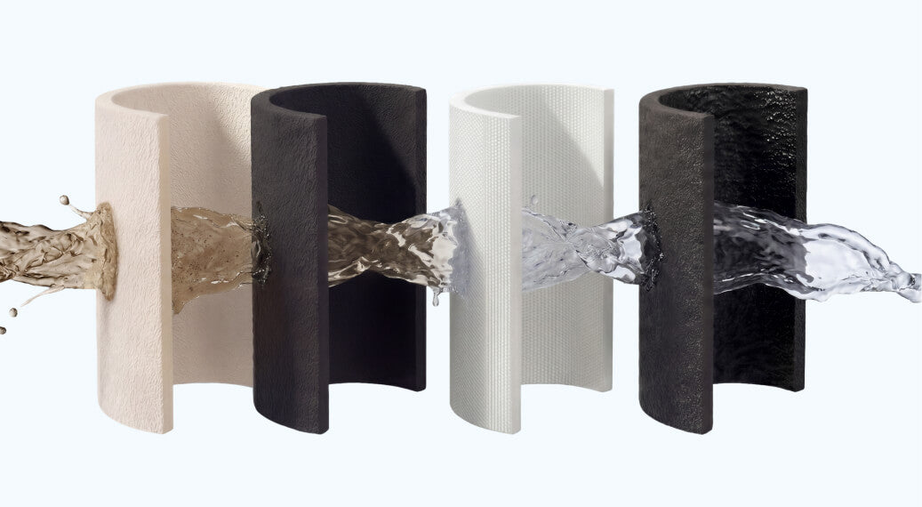 Four curved panels in varying colors with streams of water flowing through each, showcasing different textures.
