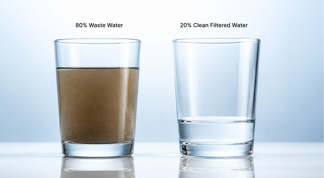 Two glasses side by side: one with murky waste water and the other with clear filtered water, labeled accordingly.