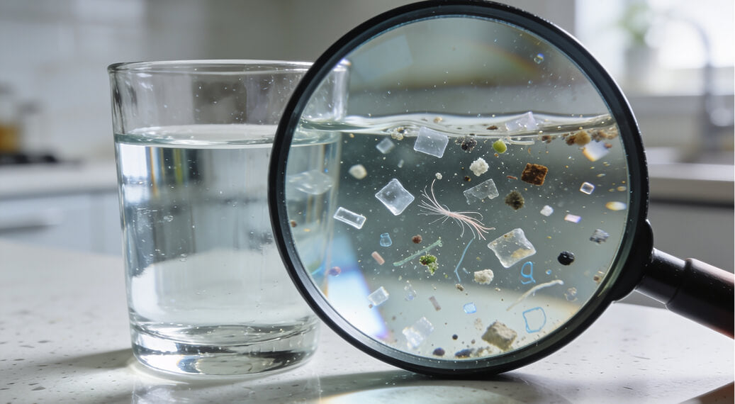 Magnifying glass revealing microplastics in water next to a clear glass of water on a kitchen countertop.